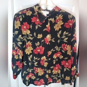 Jones New York Red and Yellow 3/4 Sleeve Blouse with Mandarin Collar 100% Silk